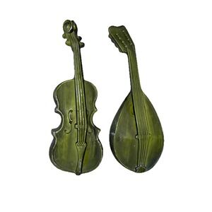 Vintage Mid Century ROYAL Cast Aluminum Green Violin & Fiddle Wall Décor Set